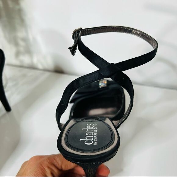 Charles by Charles David Black Satin Snakeskin Stiletto Heels Ankle Strap - Picture 6 of 14